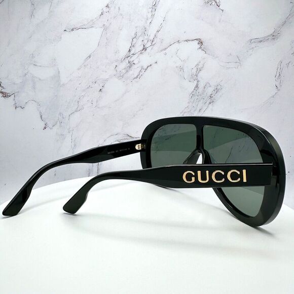 Gucci Black Sunglasses Oversized Aviator Mask Shield Gold Metal Logo Authentic - Picture 15 of 16